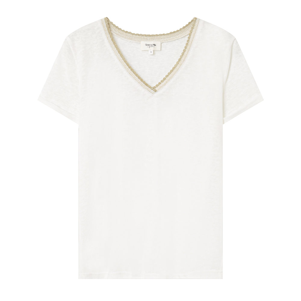 Camiseta escote pico con detalles de lúrex Grace and Mila en gus gus boutique