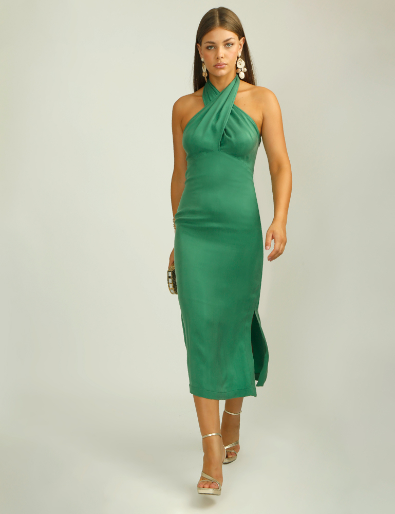 Vestido entallado cupro verde AC por Alba Conde en gusgusboutique moda mujer. Moda para mujer hecha en España. Compra ropa Alba Conde online.