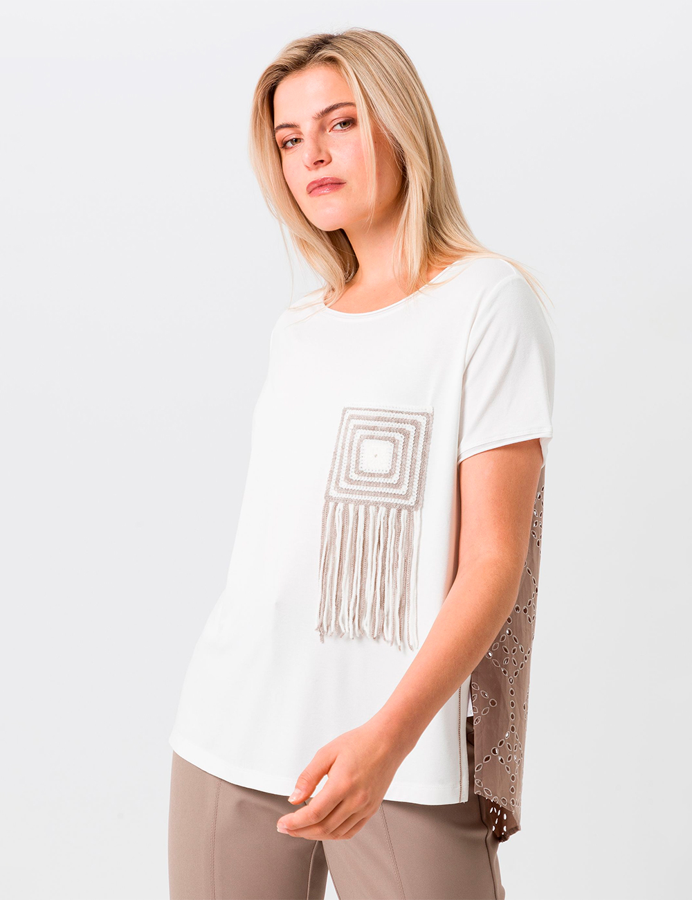 Camiseta bimaterial crochet Tuzzi moda mujer en gus gus boutique moda mujer multimarca. Colección primavera-verano.