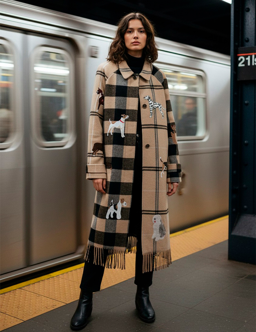 Abrigo cuadros bordado perros Vilagallo moda joven en Gus Gus Boutique moda mujer multimarca, hecha en España, colección otoño-invierno 2025-26.